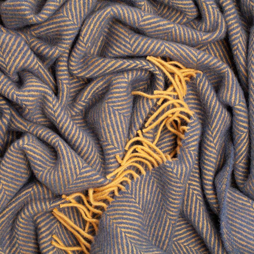 Pure New Wool Herringbone Throw Navy and Mustard - Image 3