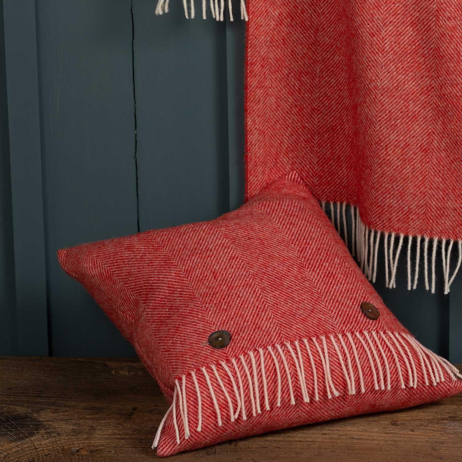 Shetland Wool Herringbone Throw Coral Red - Image 5